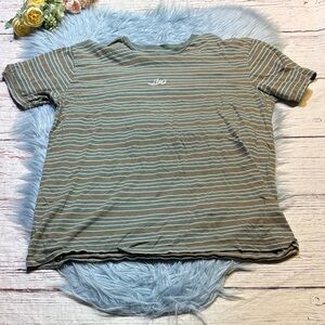 …Lost Olive Green and White Striped Tee with Script Tag sz L